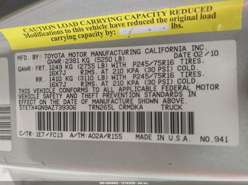 2010 Toyota Tacoma Prerunner VIN: 5TETX4GN9AZ739306 Lot: 43945402