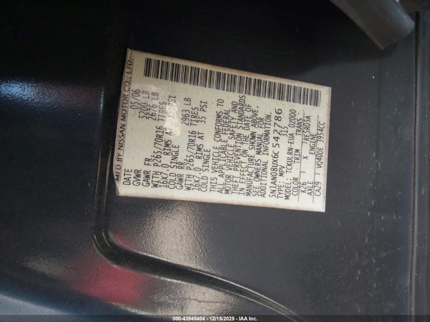 2006 Nissan Xterra S VIN: 5N1AN08UX6C542786 Lot: 43945404