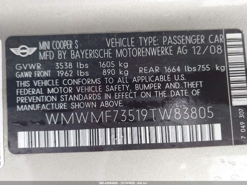 2009 Mini Cooper S VIN: WMWMF73519TW83805 Lot: 43945405