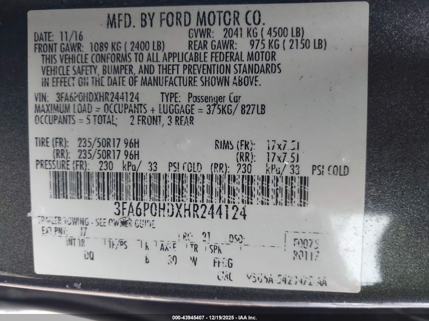 2017 Ford Fusion Se VIN: 3FA6P0HDXHR244124 Lot: 43945407