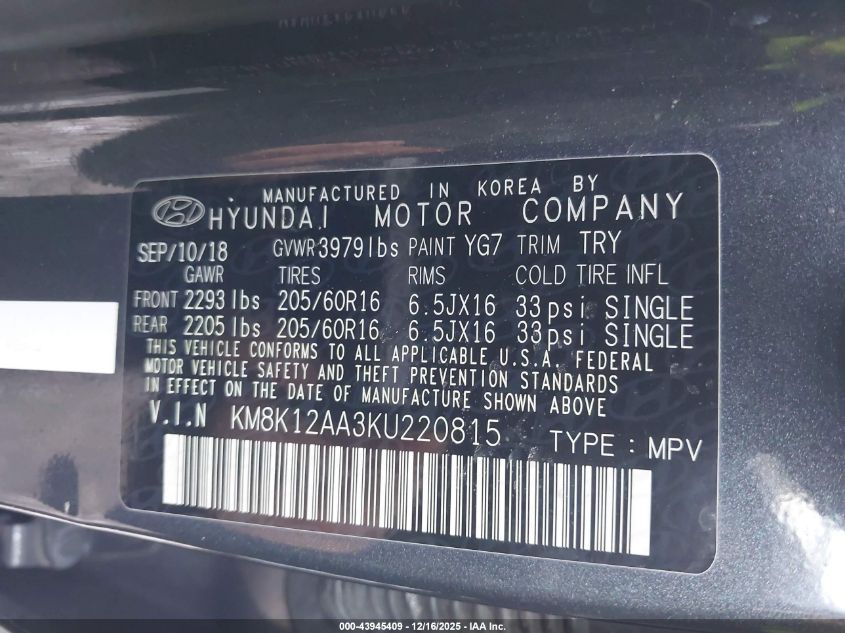 2019 Hyundai Kona Se VIN: KM8K12AA3KU220815 Lot: 43945409