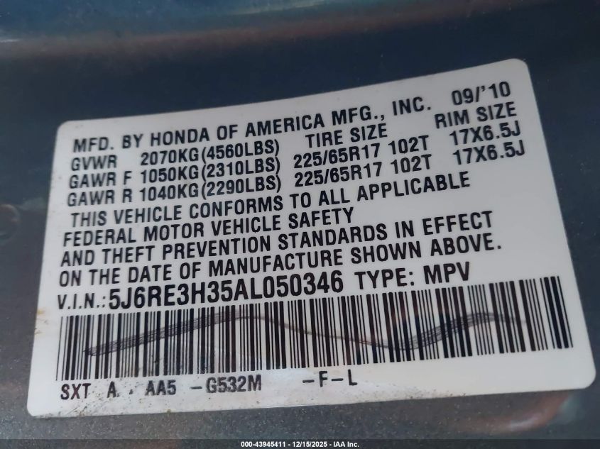 2010 Honda Cr-V Lx VIN: 5J6RE3H35AL050346 Lot: 43945411