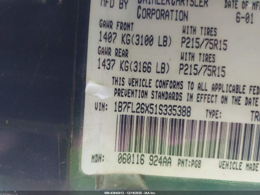2001 Dodge Dakota Slt/Sport VIN: 1B7FL26X51S335388 Lot: 43945412
