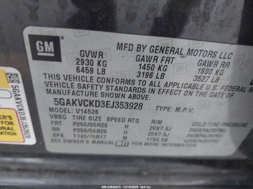 2014 Buick Enclave Premium VIN: 5GAKVCKD3EJ353928 Lot: 43945413