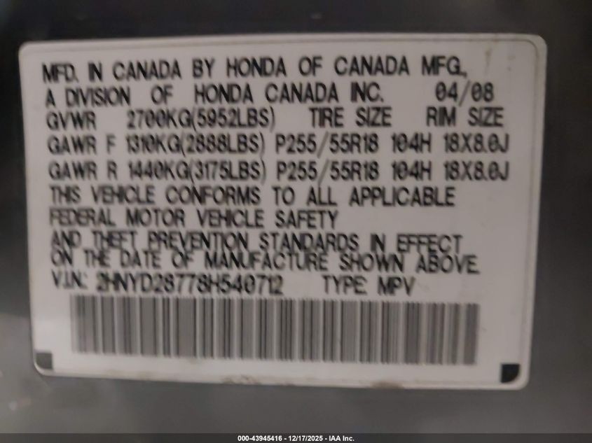 2008 Acura Mdx Sport Package VIN: 2HNYD28778H540712 Lot: 43945416