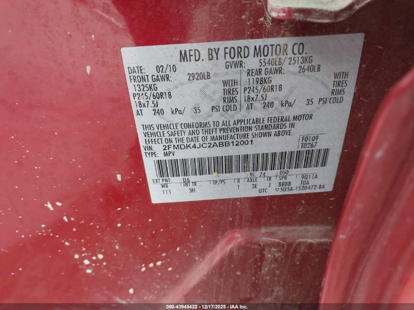 2010 Ford Edge Sel VIN: 2FMDK4JC2ABB12001 Lot: 43945422