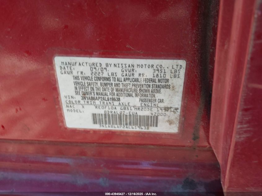 2010 Nissan Sentra 2.0 VIN: 3N1AB6AP2AL619638 Lot: 43945427