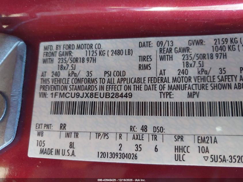 2014 Ford Escape Titanium VIN: 1FMCU9JX8EUB28449 Lot: 43945429