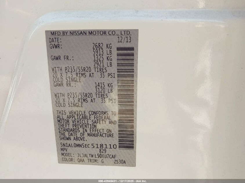 2014 Infiniti Qx60 VIN: 5N1AL0MN5EC518110 Lot: 43945431