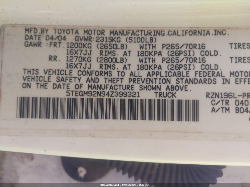 2004 Toyota Tacoma Prerunner VIN: 5TEGM92N94Z399321 Lot: 43945434