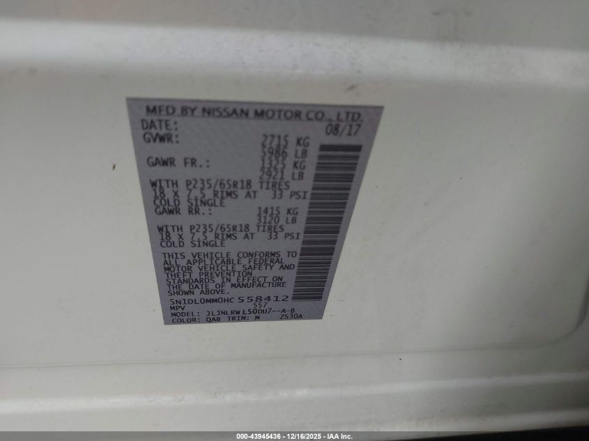 2017 Infiniti Qx60 VIN: 5N1DL0MM0HC558412 Lot: 43945436