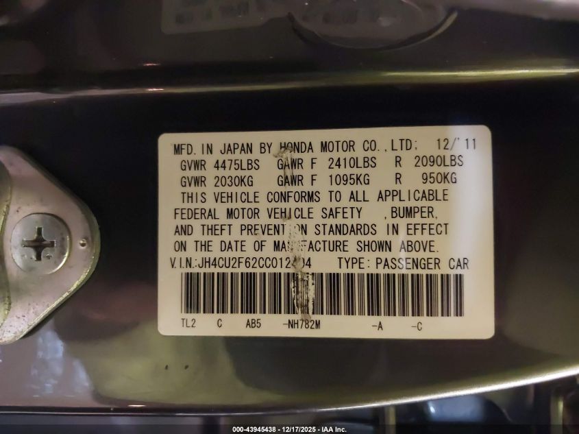 2012 Acura Tsx 2.4 VIN: JH4CU2F62CC012404 Lot: 43945438