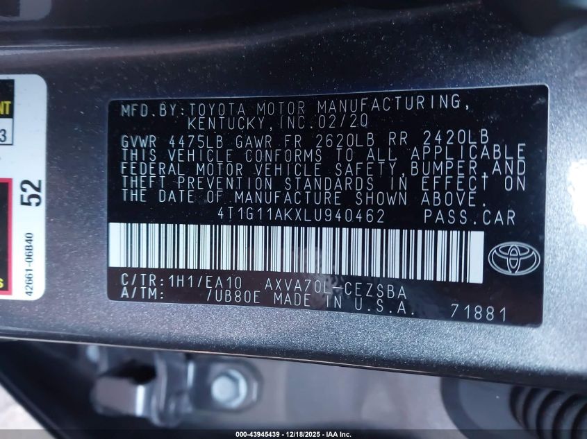 2020 Toyota Camry Se/Se Night Shade VIN: 4T1G11AKXLU940462 Lot: 43945439