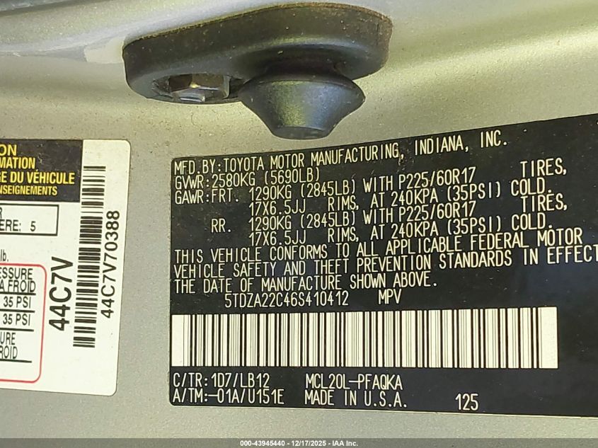 2006 Toyota Sienna Xle VIN: 5TDZA22C46S410412 Lot: 43945440