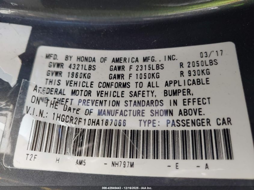 2017 Honda Accord Sport Se VIN: 1HGCR2F10HA187066 Lot: 43945443
