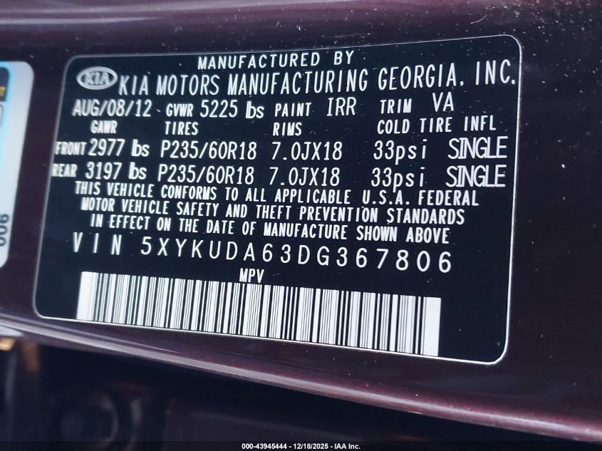 2013 Kia Sorento Ex VIN: 5XYKUDA63DG367806 Lot: 43945444