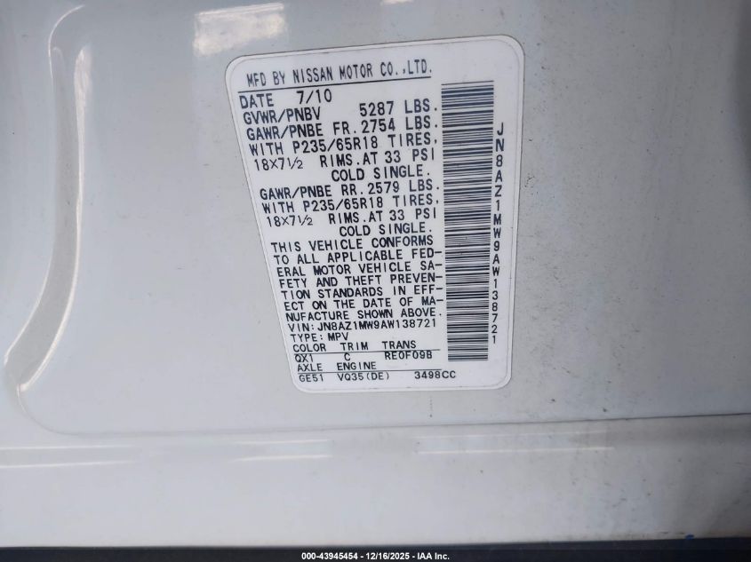 2010 Nissan Murano Sl VIN: JN8AZ1MW9AW138721 Lot: 43945454