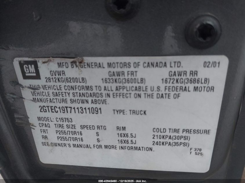 2001 GMC Sierra 1500 Sle VIN: 2GTEC19T711311091 Lot: 43945460