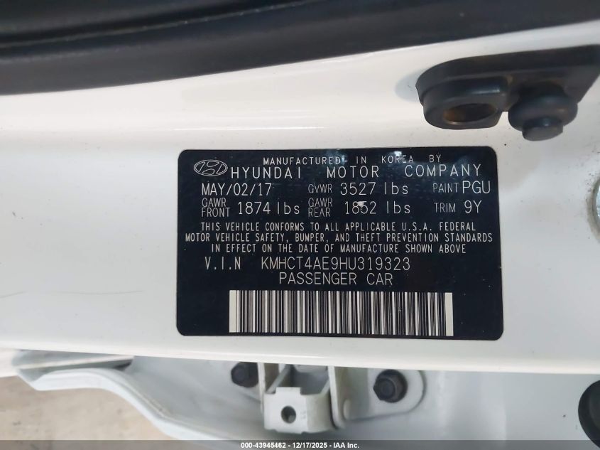 2017 Hyundai Accent Se VIN: KMHCT4AE9HU319323 Lot: 43945462