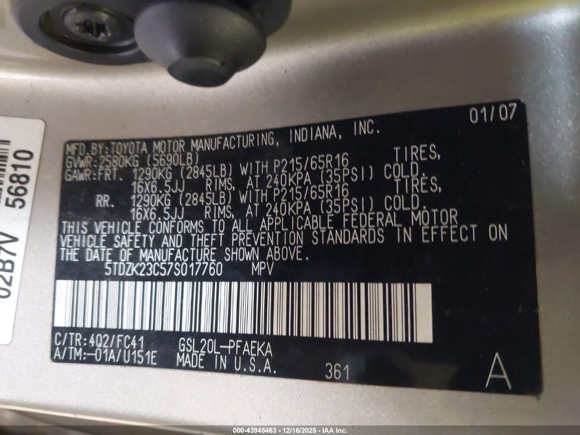 2007 Toyota Sienna Le VIN: 5TDZK23C57S017760 Lot: 43945463