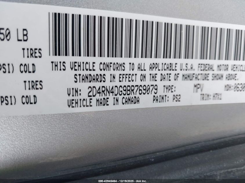 2011 Dodge Grand Caravan Express VIN: 2D4RN4DG9BR769079 Lot: 43945464