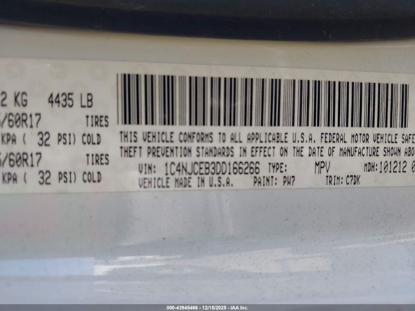 2013 Jeep Compass Latitude VIN: 1C4NJCEB3DD166266 Lot: 43945466