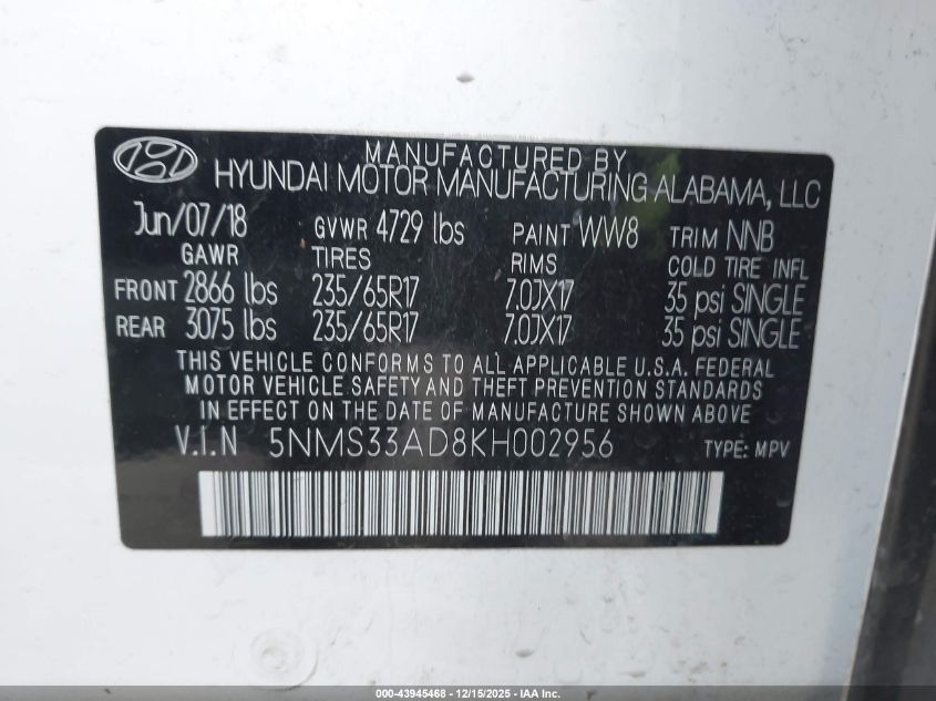 2019 Hyundai Santa Fe Sel VIN: 5NMS33AD8KH002956 Lot: 43945468