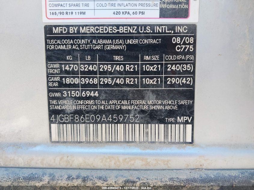 2009 Mercedes-Benz Gl 550 4Matic VIN: 4JGBF86E09A459752 Lot: 43945473