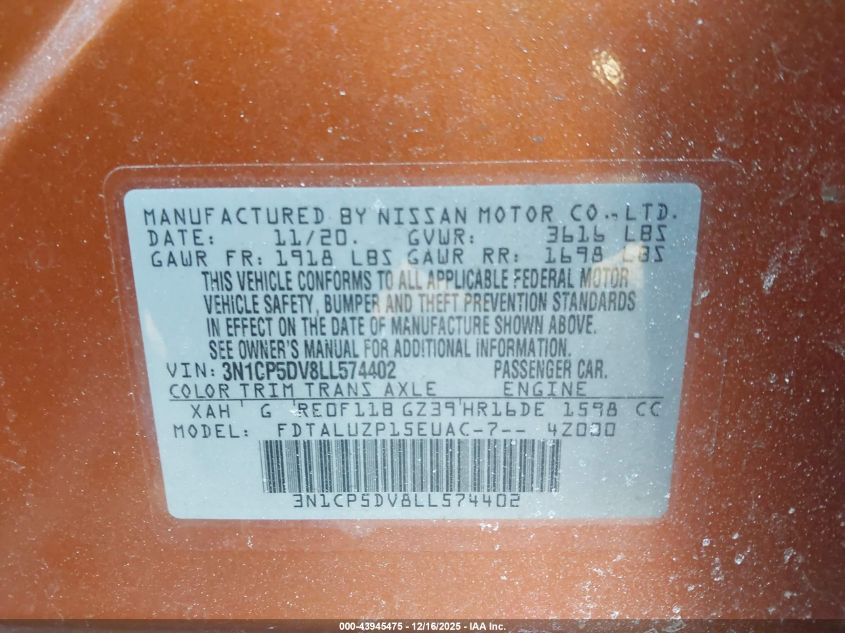 2020 Nissan Kicks Sr Xtronic Cvt VIN: 3N1CP5DV8LL574402 Lot: 43945475