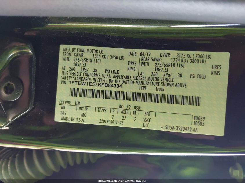 2019 Ford F-150 Xlt VIN: 1FTEW1E57KFB84304 Lot: 43945476