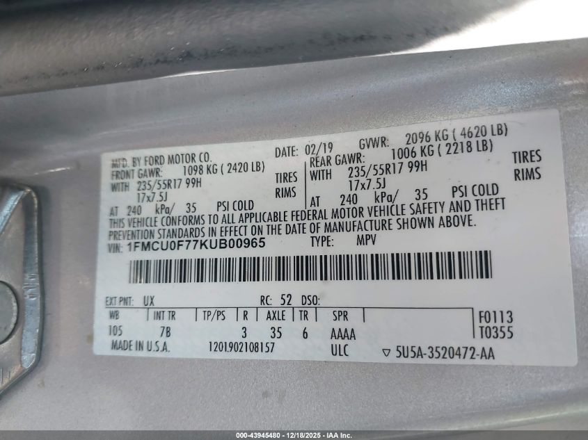 2019 Ford Escape S VIN: 1FMCU0F77KUB00965 Lot: 43945480