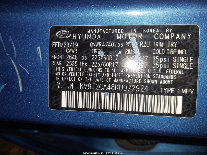 2019 Hyundai Tucson Se VIN: KM8J2CA48KU972924 Lot: 43945483