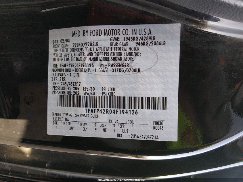 2004 Ford Mustang Mach 1 VIN: 1FAFP42R04F194126 Lot: 43945485