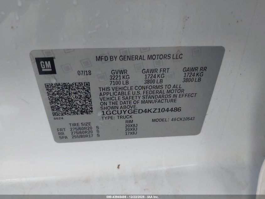 2019 Chevrolet Silverado 1500 Ltz VIN: 1GCUYGED4KZ104486 Lot: 43945486