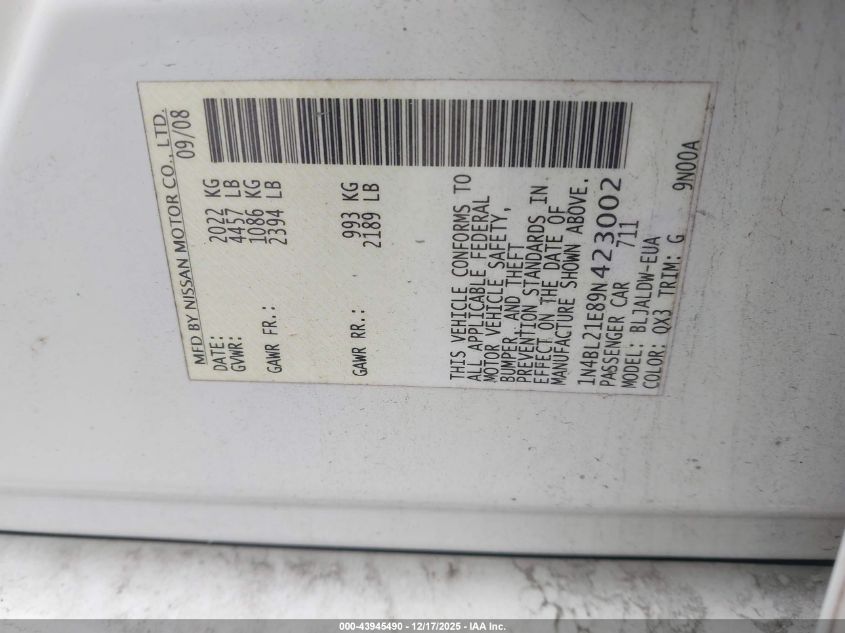 2009 Nissan Altima 3.5 Se VIN: 1N4BL21E89N423002 Lot: 43945490