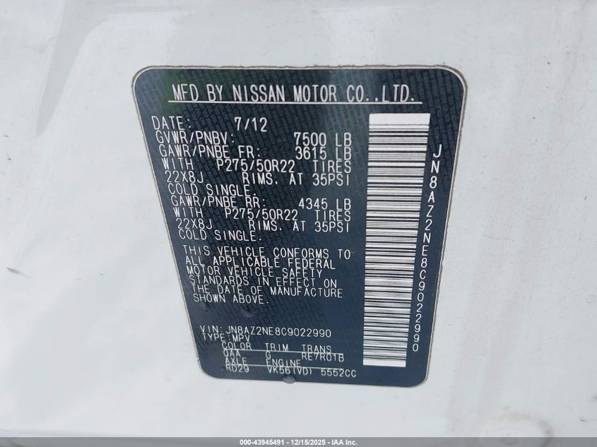 2012 Infiniti Qx56 VIN: JN8AZ2NE8C9022990 Lot: 43945491