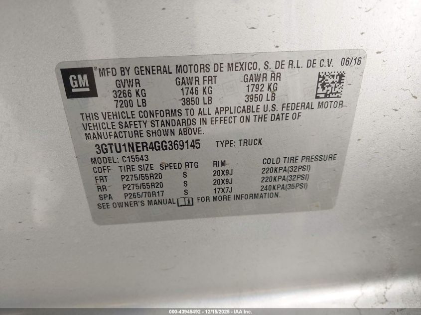 2016 GMC Sierra 1500 Slt VIN: 3GTU1NER4GG369145 Lot: 43945492