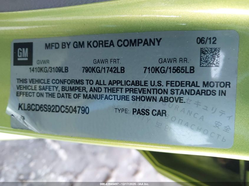 2013 Chevrolet Spark 1Lt Auto VIN: KL8CD6S92DC504790 Lot: 43945497