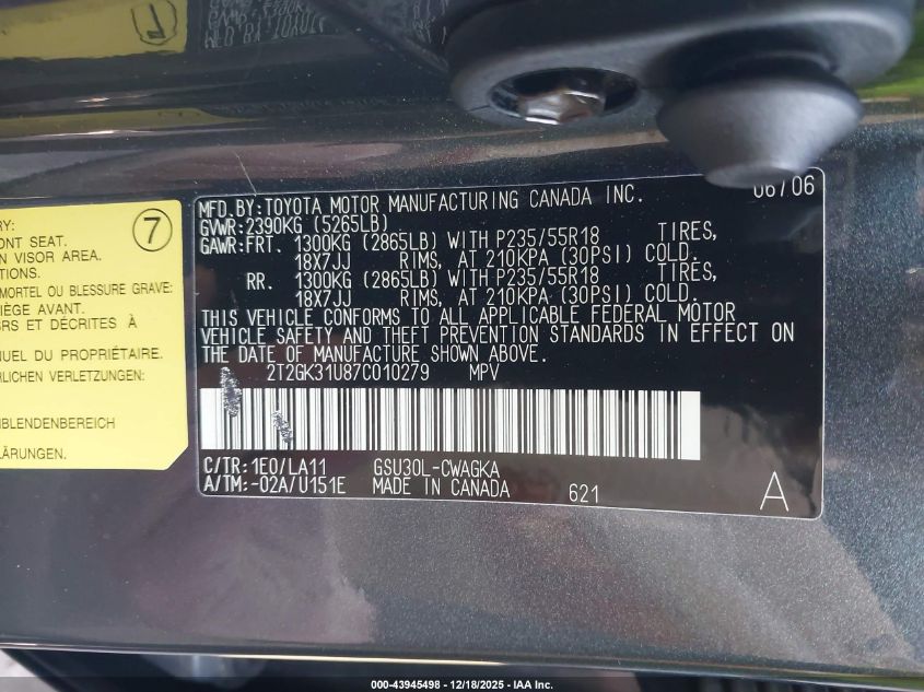 2007 Lexus Rx 350 VIN: 2T2GK31U87C010279 Lot: 43945498