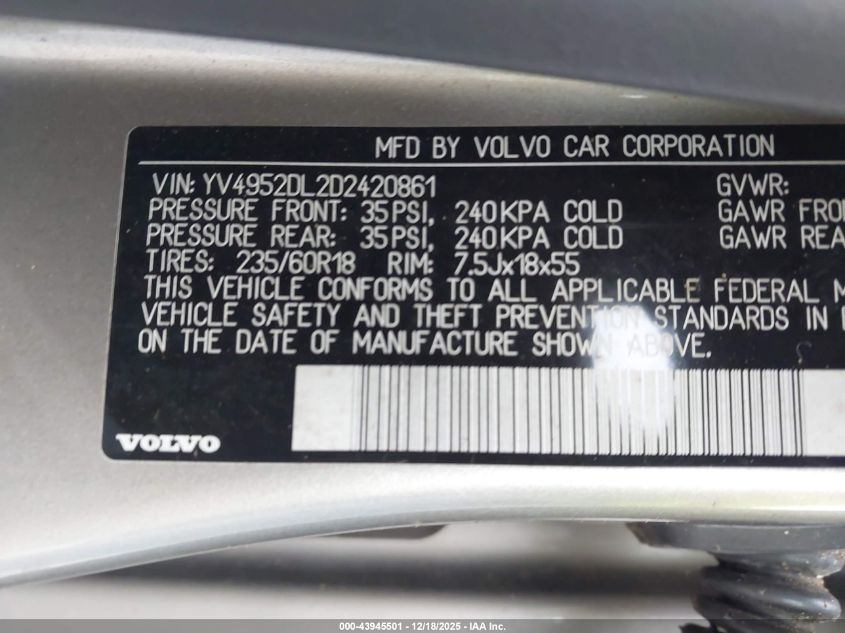 2013 Volvo Xc60 3.2 Premier VIN: YV4952DL2D2420861 Lot: 43945501