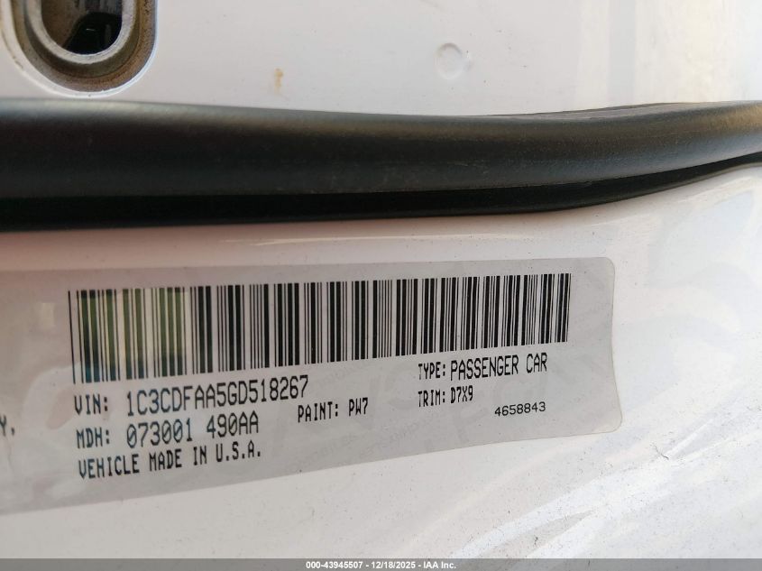 2016 Dodge Dart Se VIN: 1C3CDFAA5GD518267 Lot: 43945507