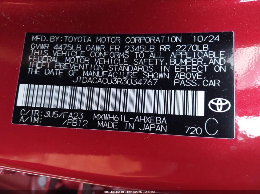 2024 Toyota Prius Prime Se VIN: JTDACACU3R3034767 Lot: 43945510