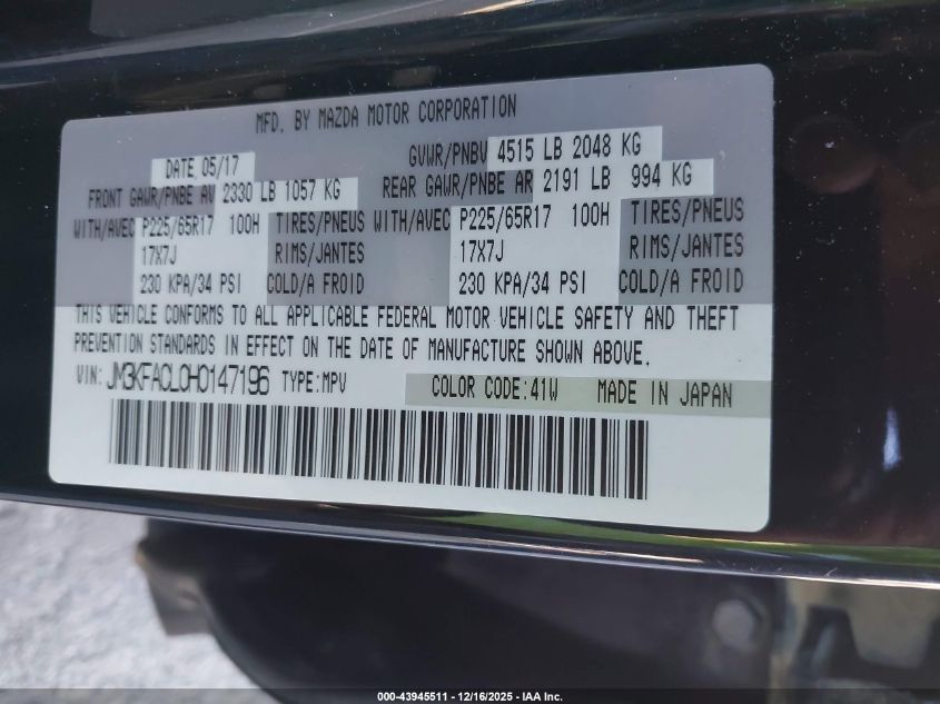 2017 Mazda Cx-5 Touring VIN: JM3KFACL0H0147196 Lot: 43945511