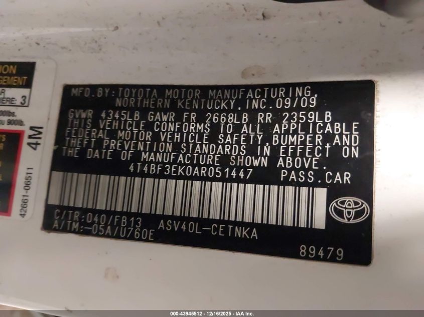 2010 Toyota Camry Le VIN: 4T4BF3EK0AR051447 Lot: 43945512