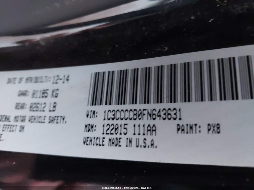 2015 Chrysler 200 C VIN: 1C3CCCCB0FN643631 Lot: 43945513