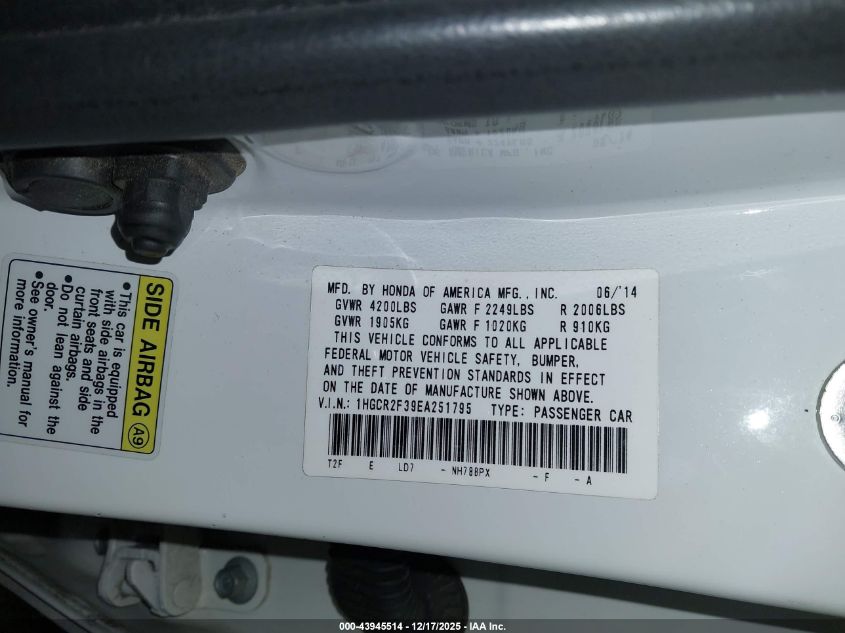 2014 Honda Accord Lx VIN: 1HGCR2F39EA251795 Lot: 43945514