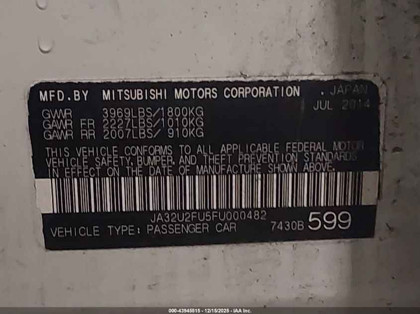 2015 Mitsubishi Lancer Es VIN: JA32U2FU5FU000482 Lot: 43945515