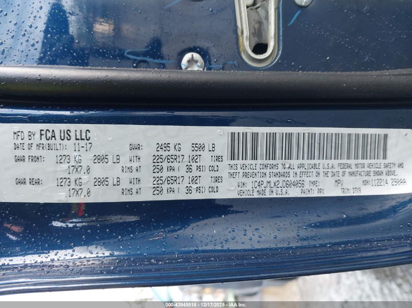 2018 Jeep Cherokee Latitude Plus 4X4 VIN: 1C4PJMLX2JD604056 Lot: 43945518