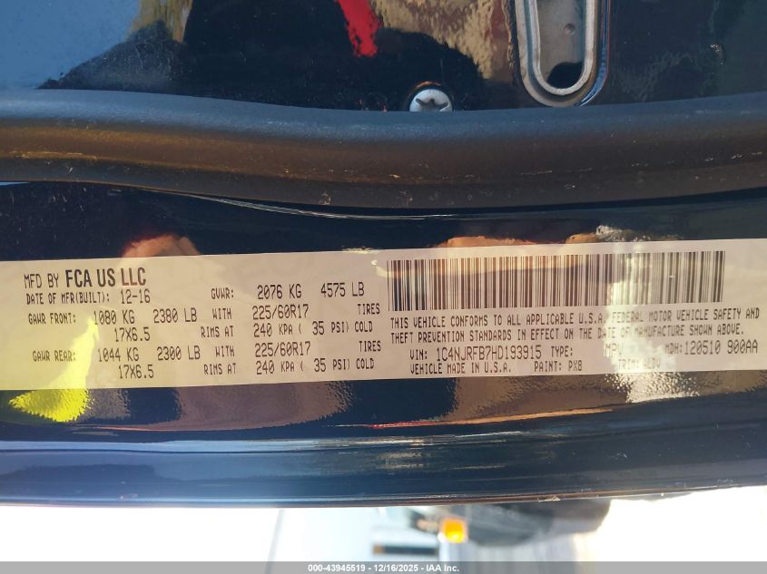 2017 Jeep Patriot High Altitude 4X4 VIN: 1C4NJRFB7HD193915 Lot: 43945519