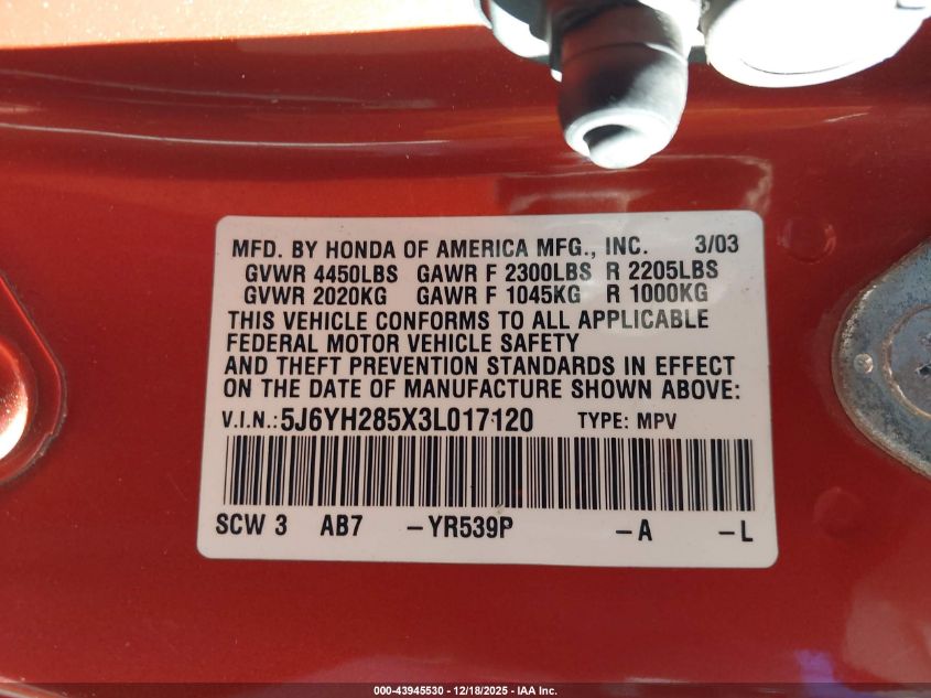 2003 Honda Element Ex VIN: 5J6YH285X3L017120 Lot: 43945530